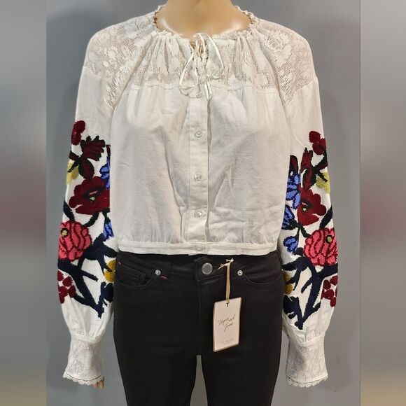 Nwt Free People Meadows Womens embroidered cropped cotton blouse Sz L - Picture 4 of 14